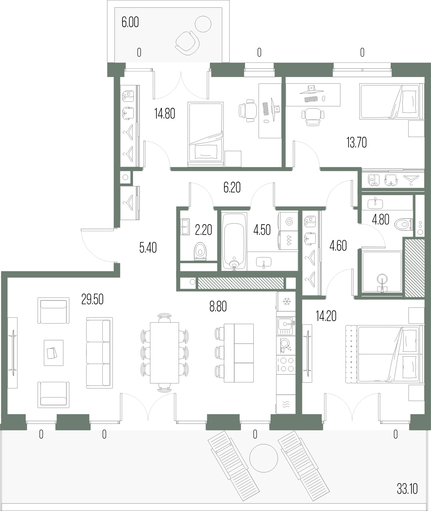 Планировка 3-комнатная 108,7 м² в ЖК «ЛЕГЕНДА на Охте» — «ЛЕГЕНДА на Охте»