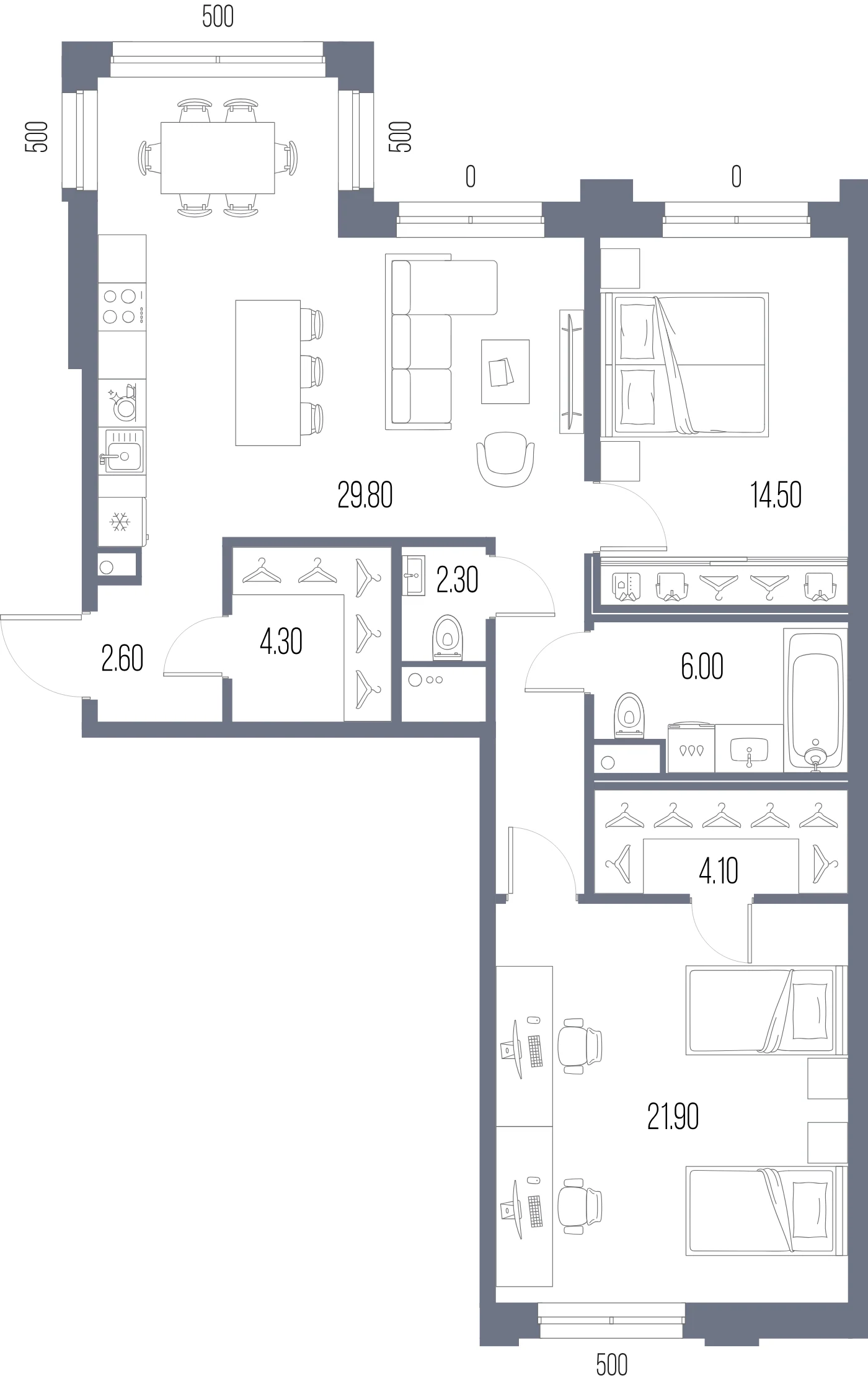 Планировка 2-комнатная 90,4 м² в ЖК «ЛЕГЕНДА на Охте» — «ЛЕГЕНДА на Охте»