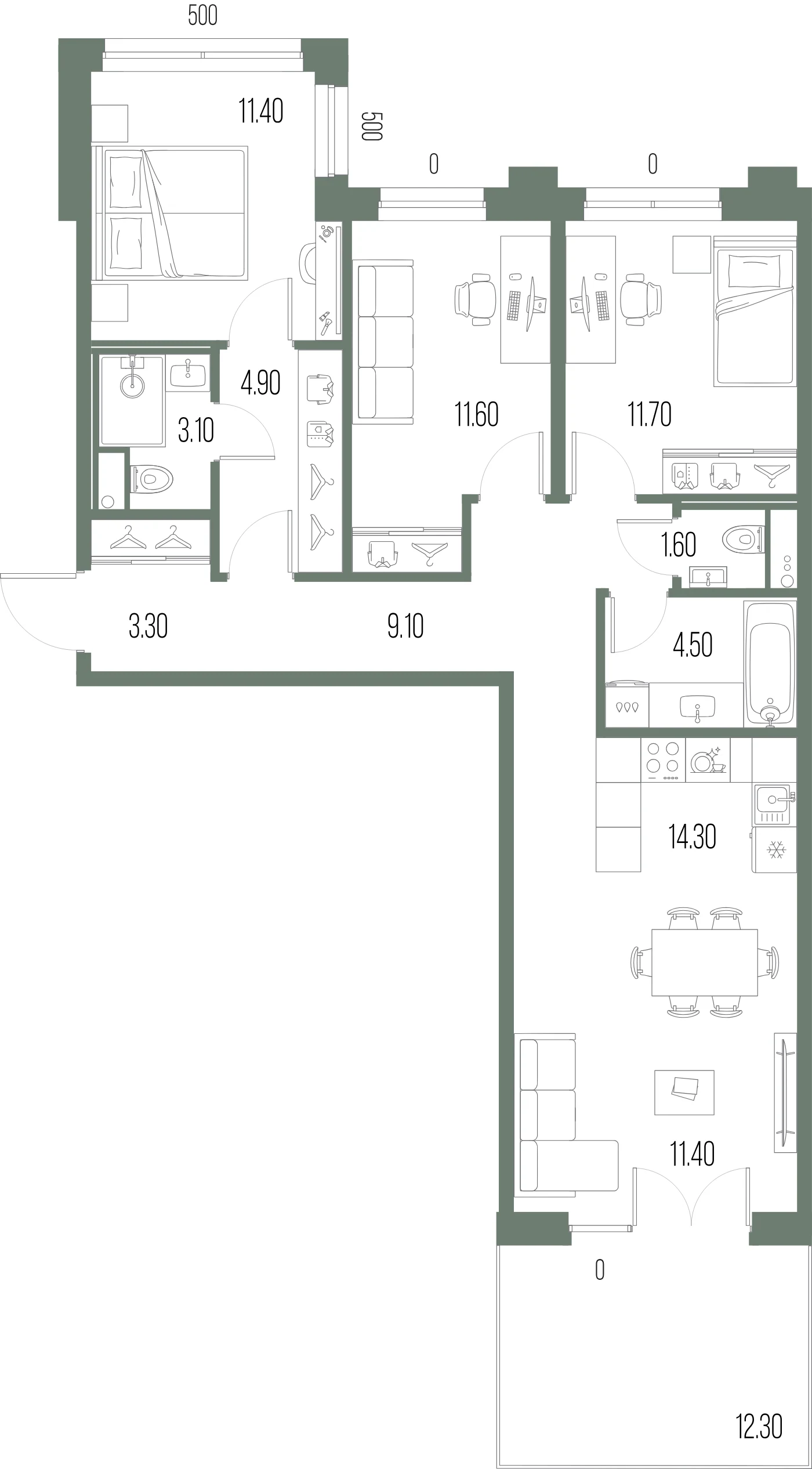 Планировка 3-комнатная 86,9 м² в ЖК «ЛЕГЕНДА на Охте» — «ЛЕГЕНДА на Охте»
