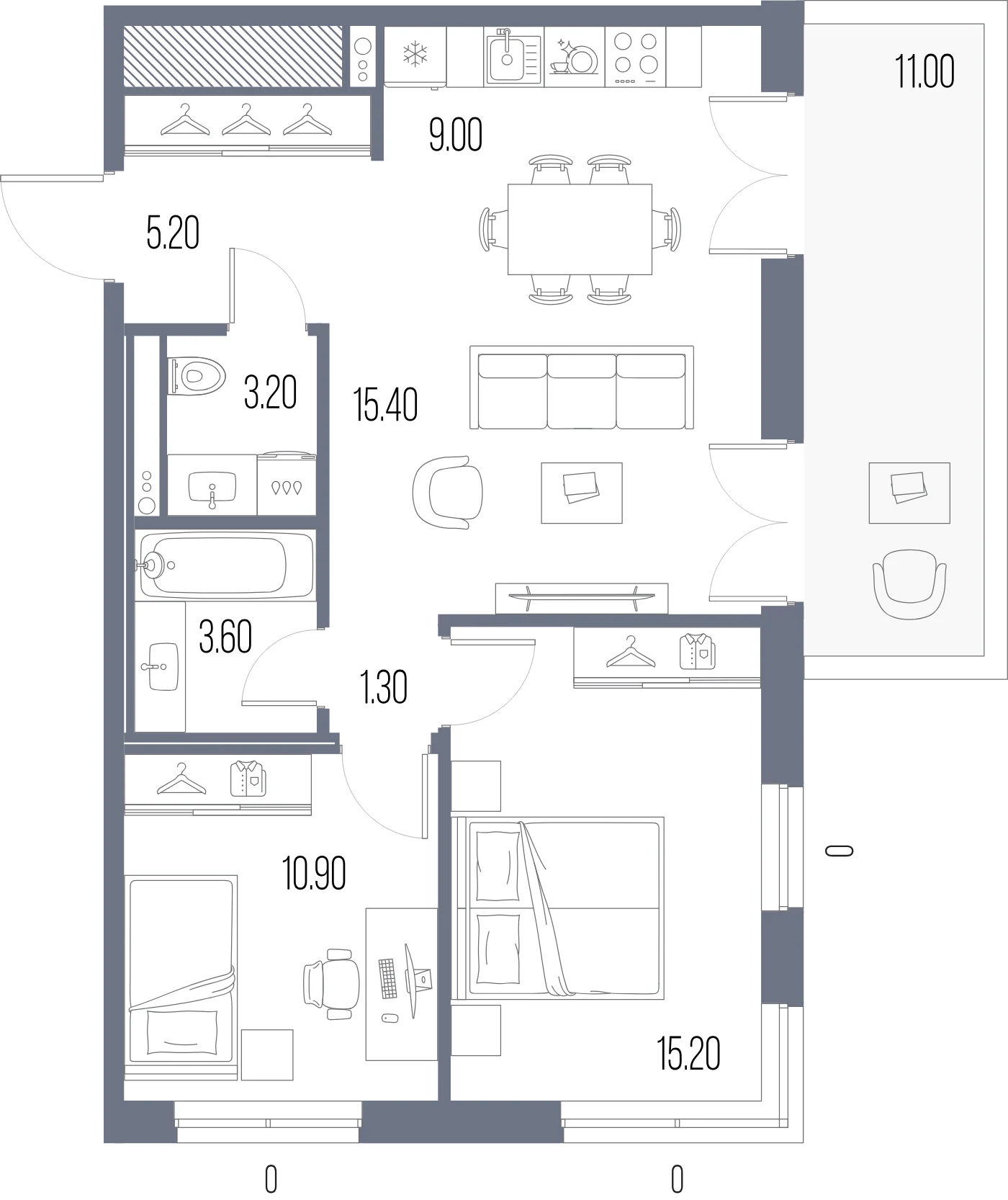 Планировка 2-комнатная 63,8 м² в ЖК «ЛЕГЕНДА на Охте» — «ЛЕГЕНДА на Охте»