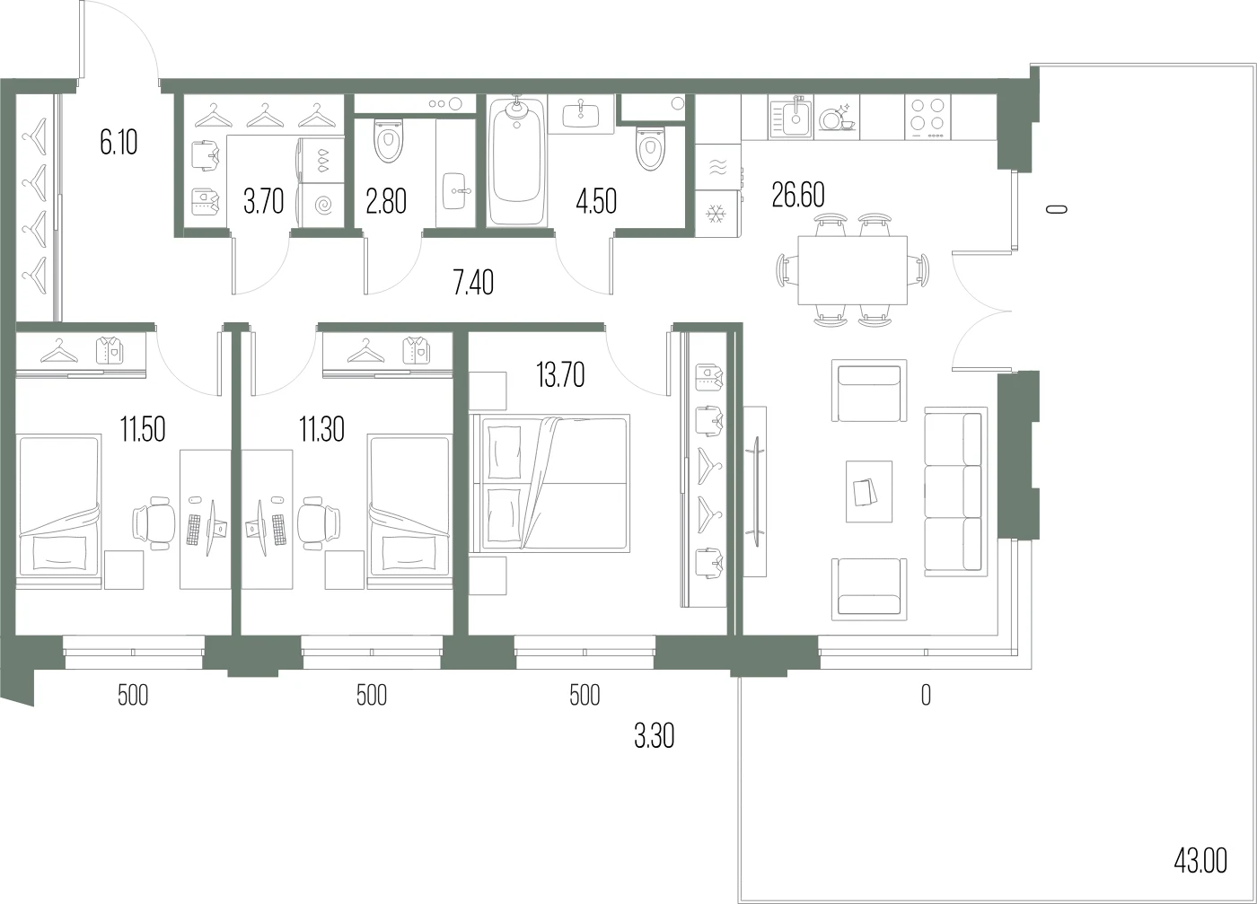 Планировка 3-комнатная 87,6 м² в ЖК «ЛЕГЕНДА на Охте» — «ЛЕГЕНДА на Охте»