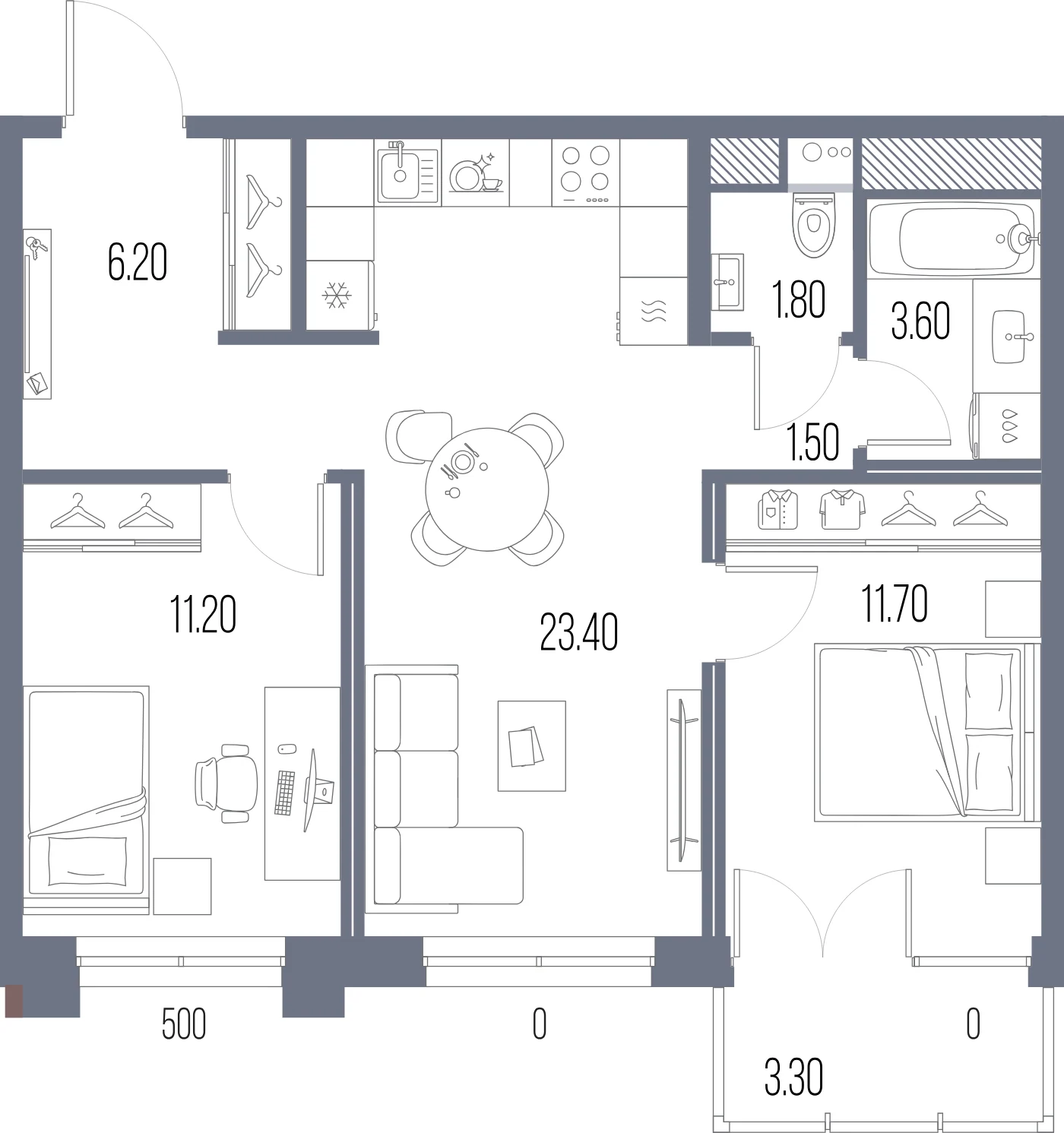 Планировка 2-комнатная 59,4 м² в ЖК «ЛЕГЕНДА на Охте» — «ЛЕГЕНДА на Охте»