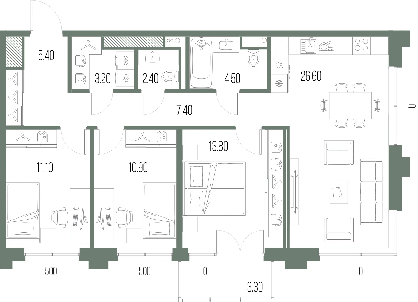 Планировка 3-комнатная 85,3 м² в ЖК «ЛЕГЕНДА на Охте» — «ЛЕГЕНДА на Охте»