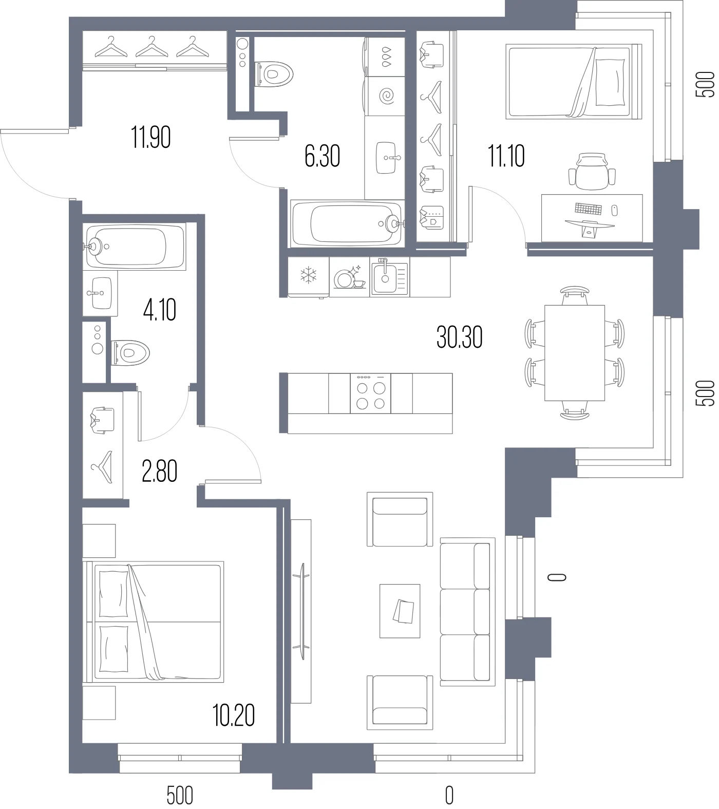 Планировка 2-комнатная 76,7 м² в ЖК «ЛЕГЕНДА на Охте» — «ЛЕГЕНДА на Охте»