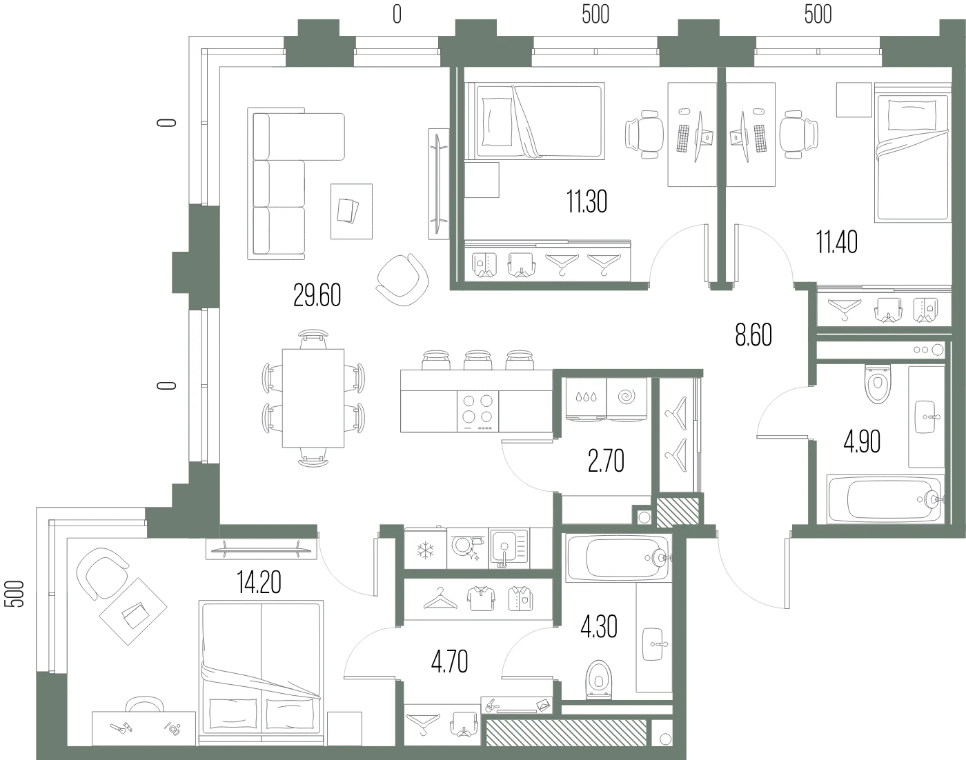 Планировка 3-комнатная 91,7 м² в ЖК «ЛЕГЕНДА на Охте» — «ЛЕГЕНДА на Охте»
