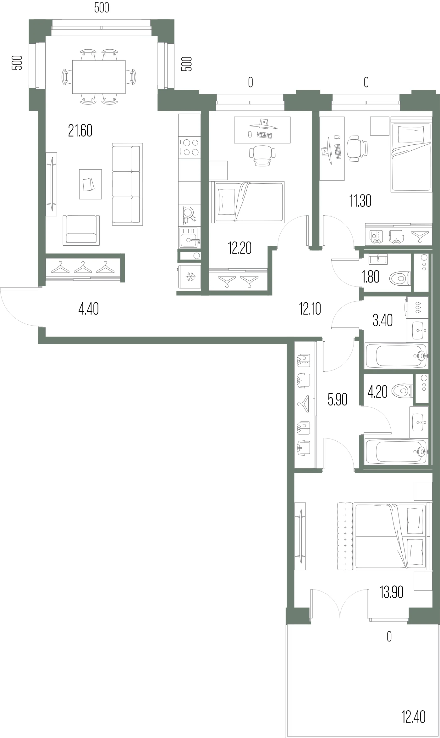 Планировка 3-комнатная 90,8 м² в ЖК «ЛЕГЕНДА на Охте» — «ЛЕГЕНДА на Охте»