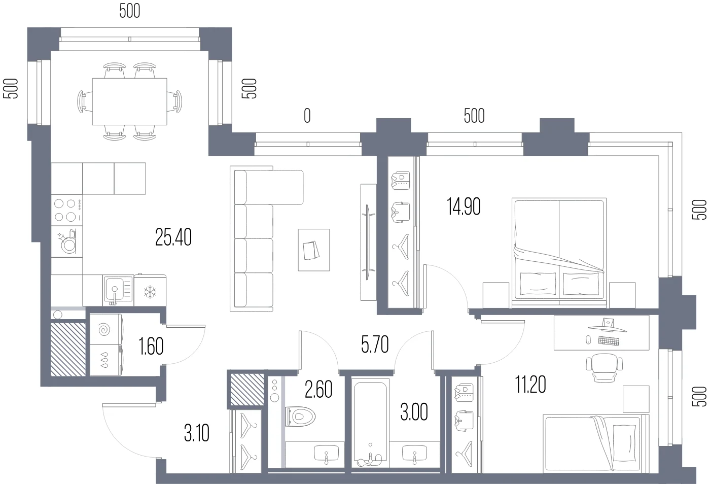 Планировка 2-комнатная 67,5 м² в ЖК «ЛЕГЕНДА на Охте» — «ЛЕГЕНДА на Охте»