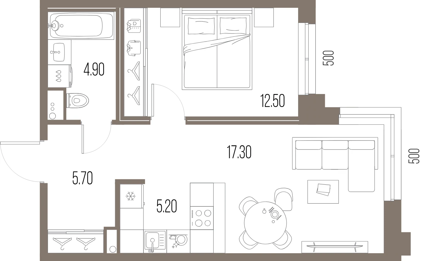 Планировка 1-комнатная 45,6 м² в ЖК «ЛЕГЕНДА на Охте» — «ЛЕГЕНДА на Охте»