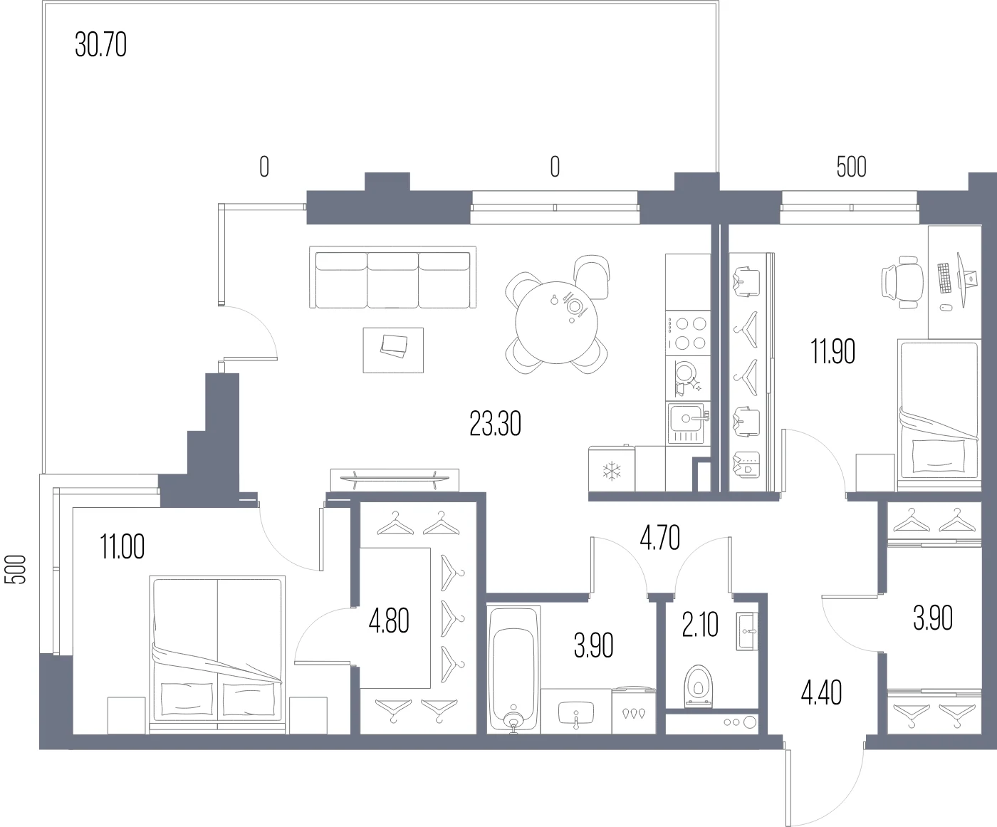 Планировка 2-комнатная 70 м² в ЖК «ЛЕГЕНДА на Охте» — «ЛЕГЕНДА на Охте»