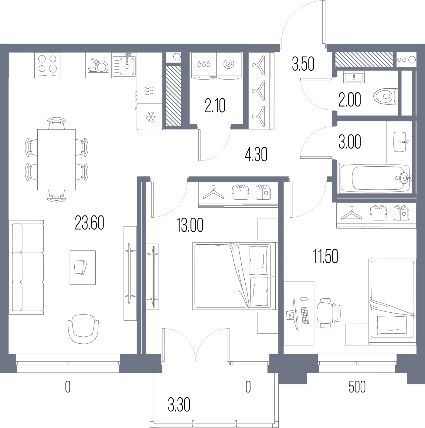 Планировка 2-комнатная 63 м² в ЖК «ЛЕГЕНДА на Охте» — «ЛЕГЕНДА на Охте»