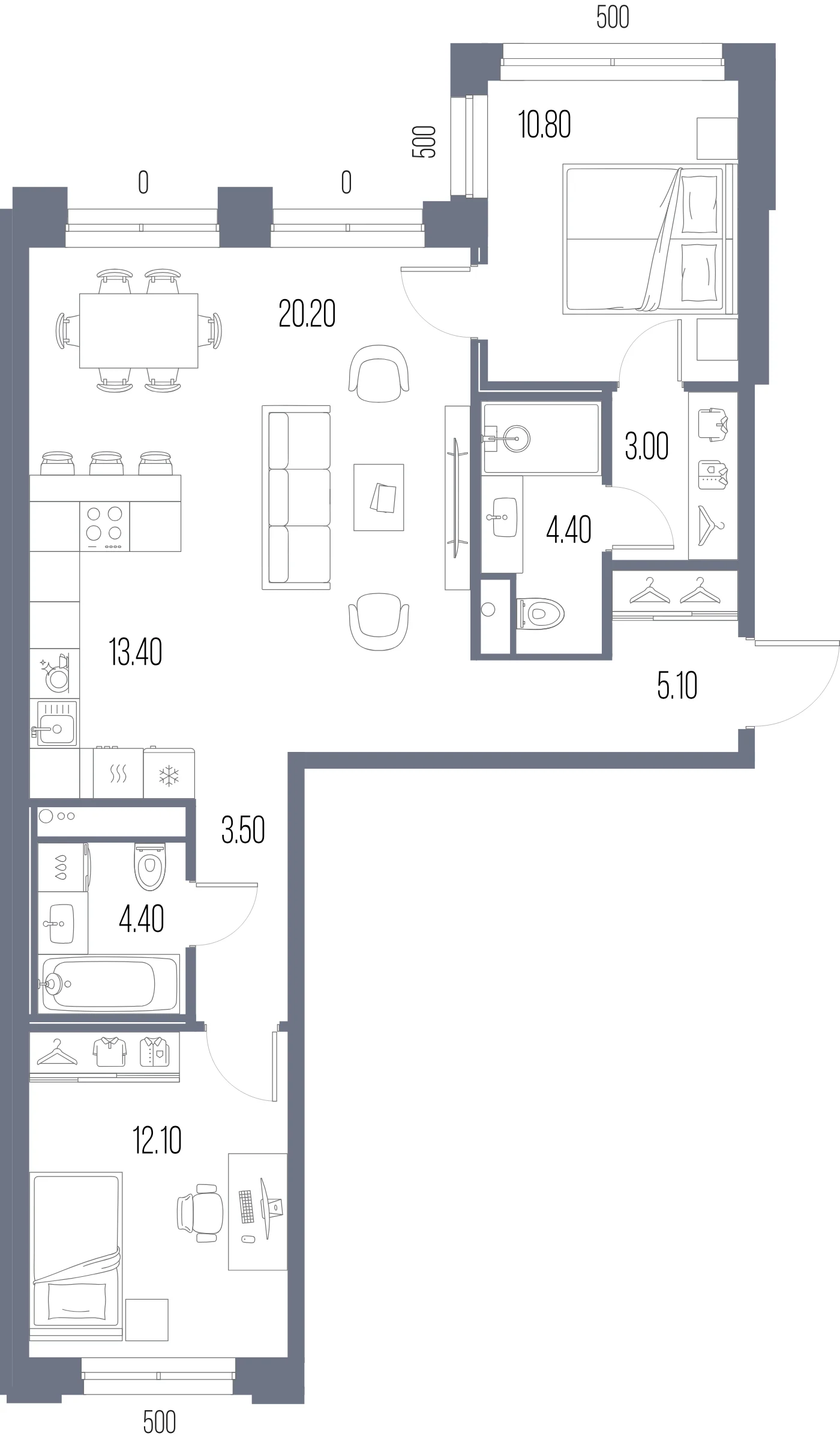 Планировка 2-комнатная 76,9 м² в ЖК «ЛЕГЕНДА на Охте» — «ЛЕГЕНДА на Охте»