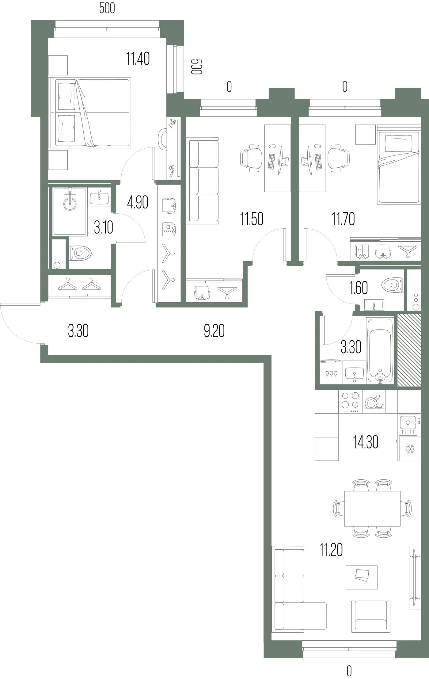 Планировка 3-комнатная 85,5 м² в ЖК «ЛЕГЕНДА на Охте» — «ЛЕГЕНДА на Охте»