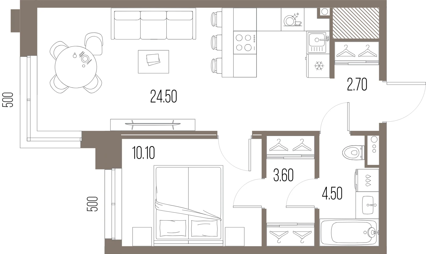 Планировка 1-комнатная 45,4 м² в ЖК «ЛЕГЕНДА на Охте» — «ЛЕГЕНДА на Охте»
