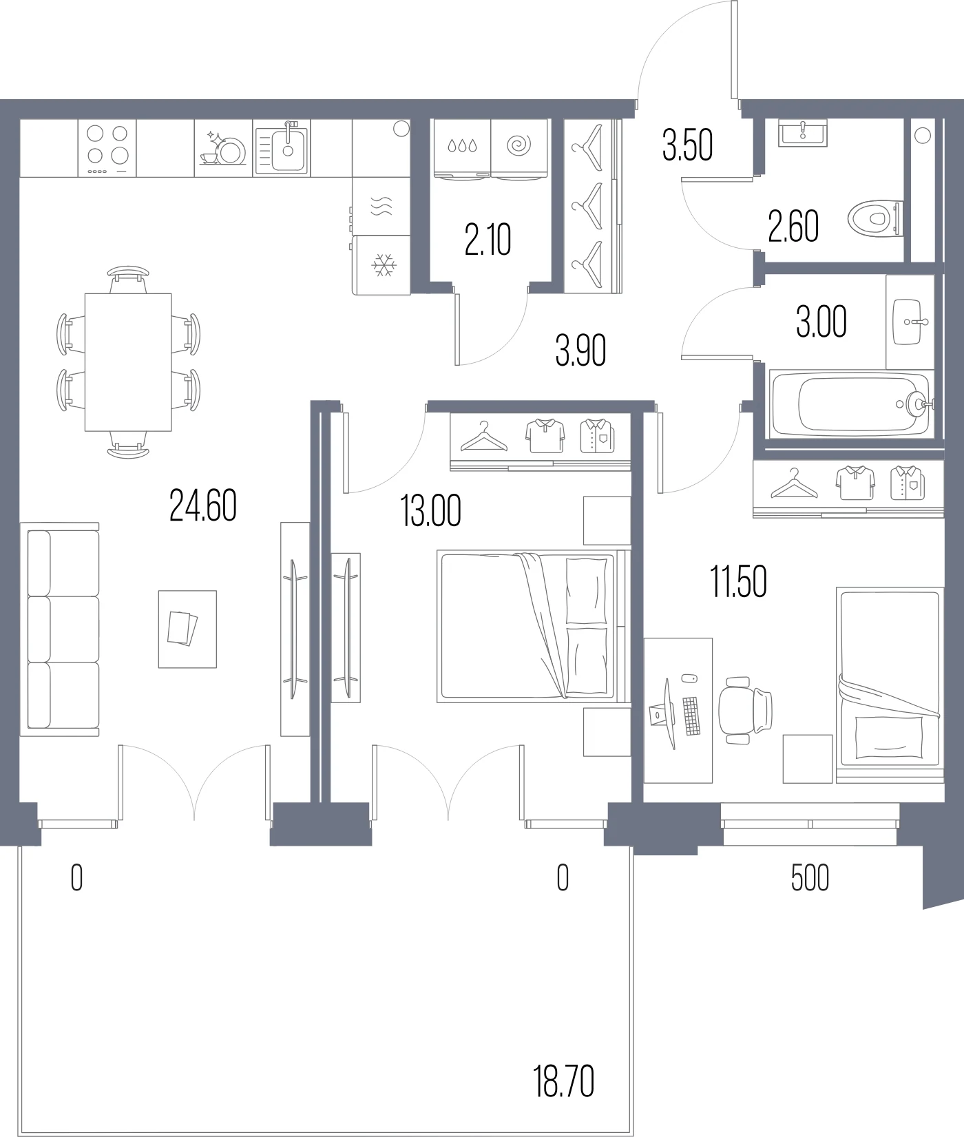 Планировка 2-комнатная 64,2 м² в ЖК «ЛЕГЕНДА на Охте» — «ЛЕГЕНДА на Охте»