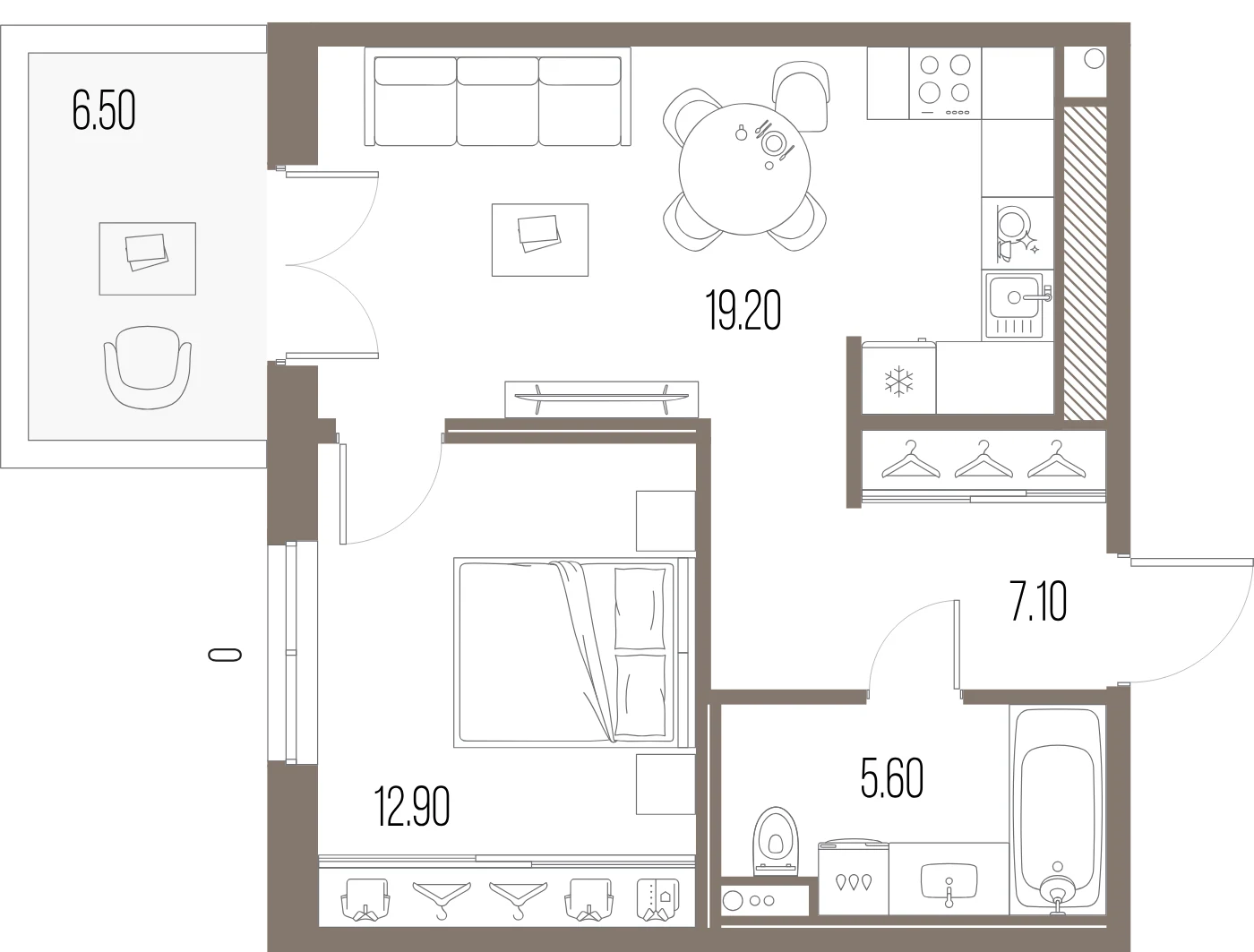 Планировка 1-комнатная 44,8 м² в ЖК «ЛЕГЕНДА на Охте» — «ЛЕГЕНДА на Охте»