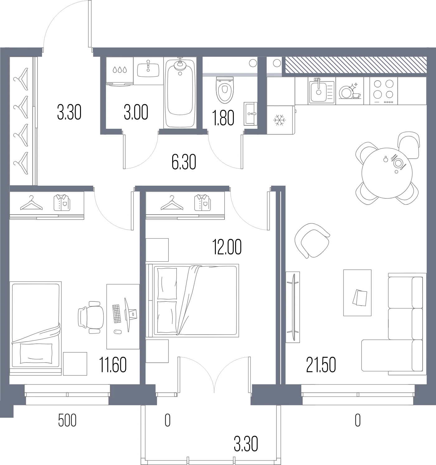 Планировка 2-комнатная 59,5 м² в ЖК «ЛЕГЕНДА на Охте» — «ЛЕГЕНДА на Охте»