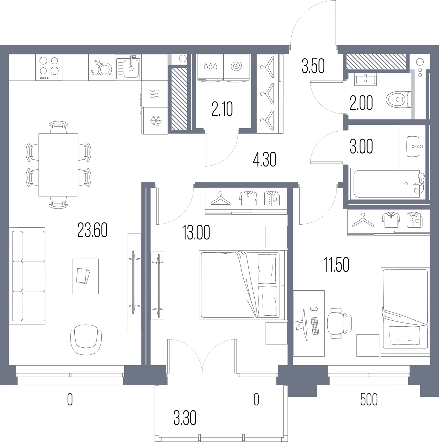 Планировка 2-комнатная 63 м² в ЖК «ЛЕГЕНДА на Охте» — «ЛЕГЕНДА на Охте»