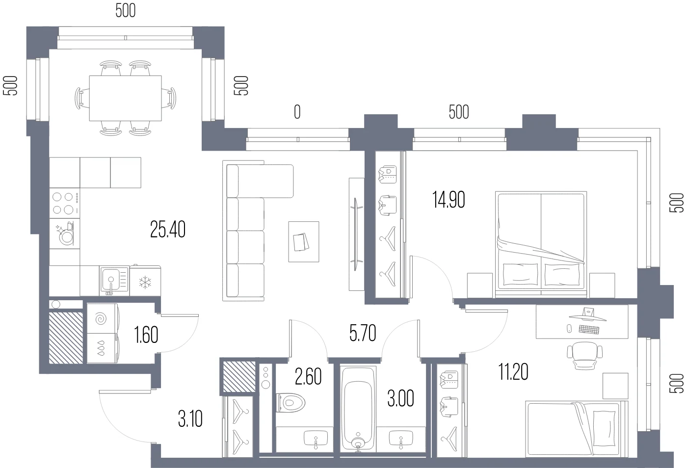Планировка 2-комнатная 67,5 м² в ЖК «ЛЕГЕНДА на Охте» — «ЛЕГЕНДА на Охте»