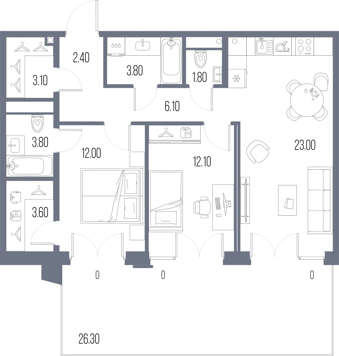 Планировка 2-комнатная 71,7 м² в ЖК «ЛЕГЕНДА на Охте» — «ЛЕГЕНДА на Охте»