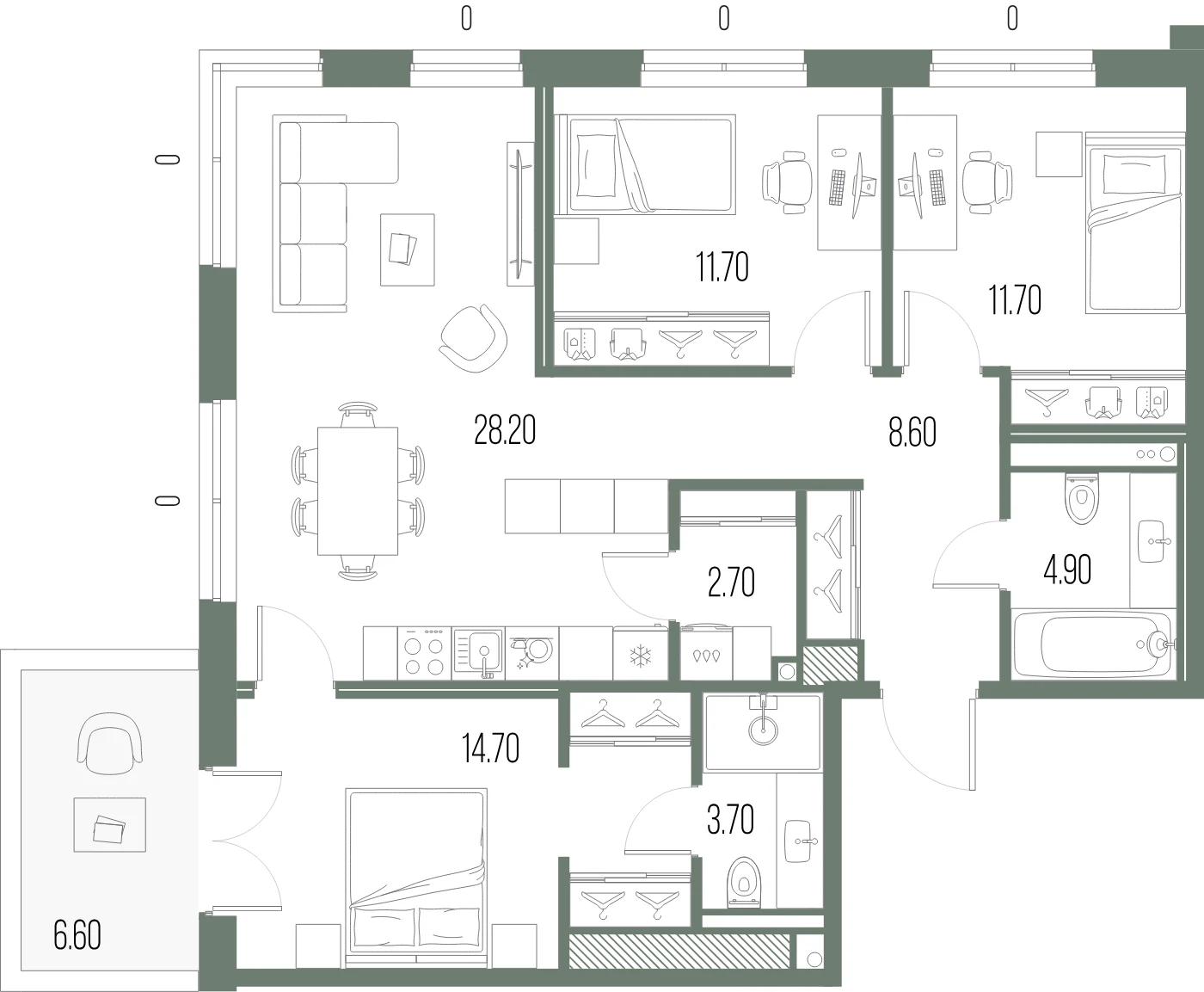 Планировка 3-комнатная 86,2 м² в ЖК «ЛЕГЕНДА на Охте» — «ЛЕГЕНДА на Охте»