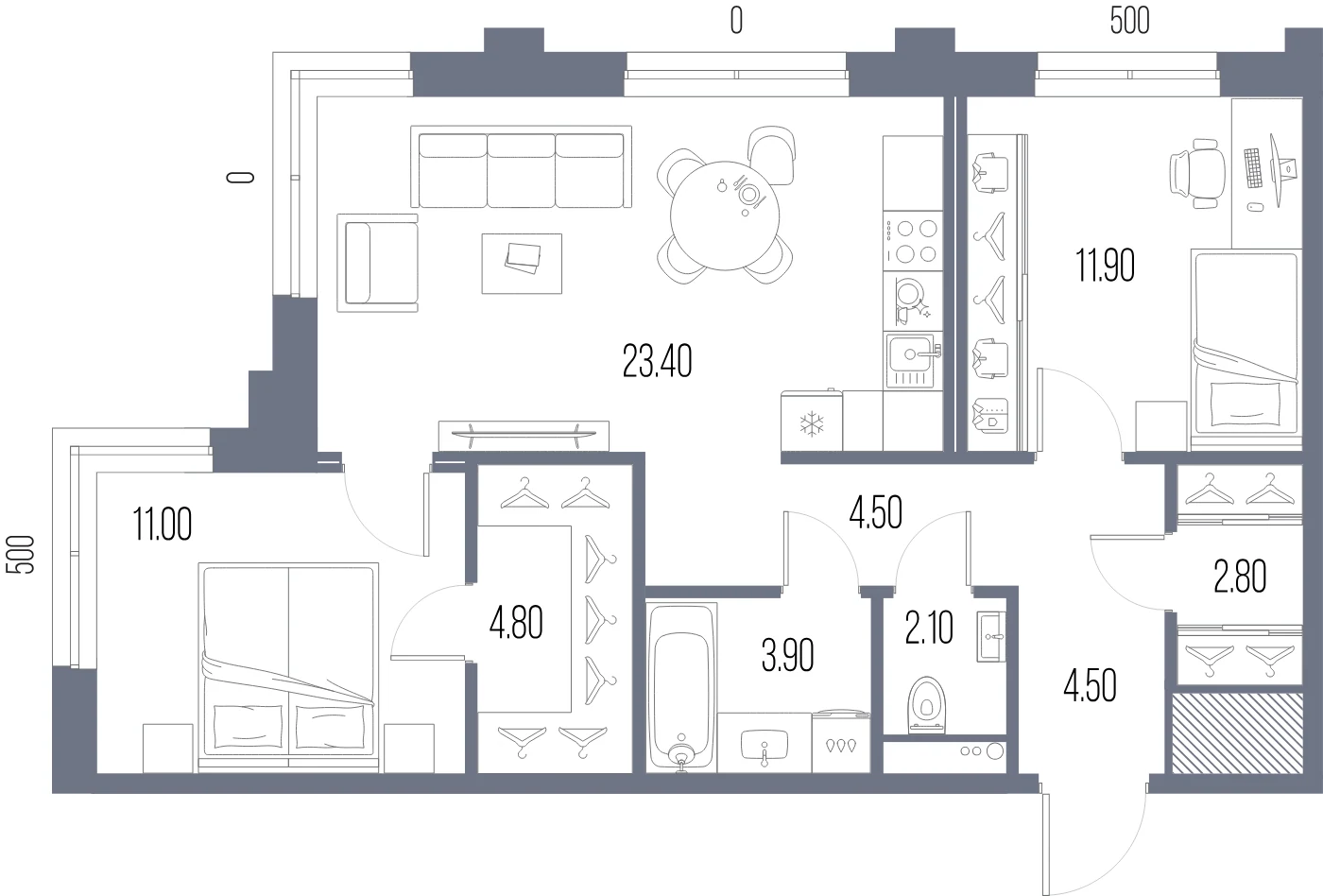 Планировка 2-комнатная 68,9 м² в ЖК «ЛЕГЕНДА на Охте» — «ЛЕГЕНДА на Охте»