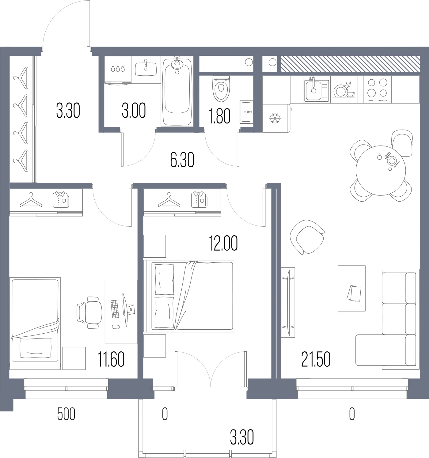 Планировка 2-комнатная 59,5 м² в ЖК «ЛЕГЕНДА на Охте» — «ЛЕГЕНДА на Охте»