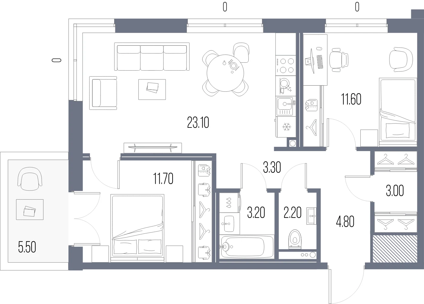Планировка 2-комнатная 62,9 м² в ЖК «ЛЕГЕНДА на Охте» — «ЛЕГЕНДА на Охте»