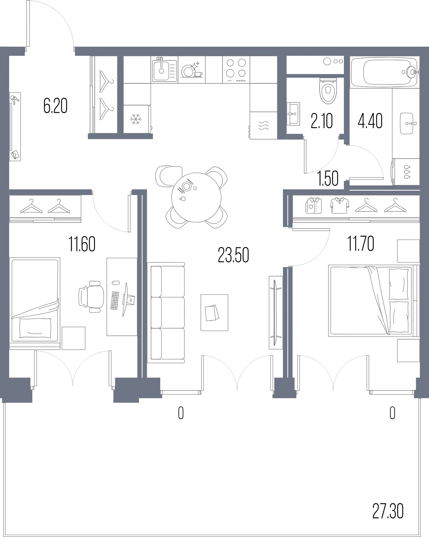 Планировка 2-комнатная 61 м² в ЖК «ЛЕГЕНДА на Охте» — «ЛЕГЕНДА на Охте»