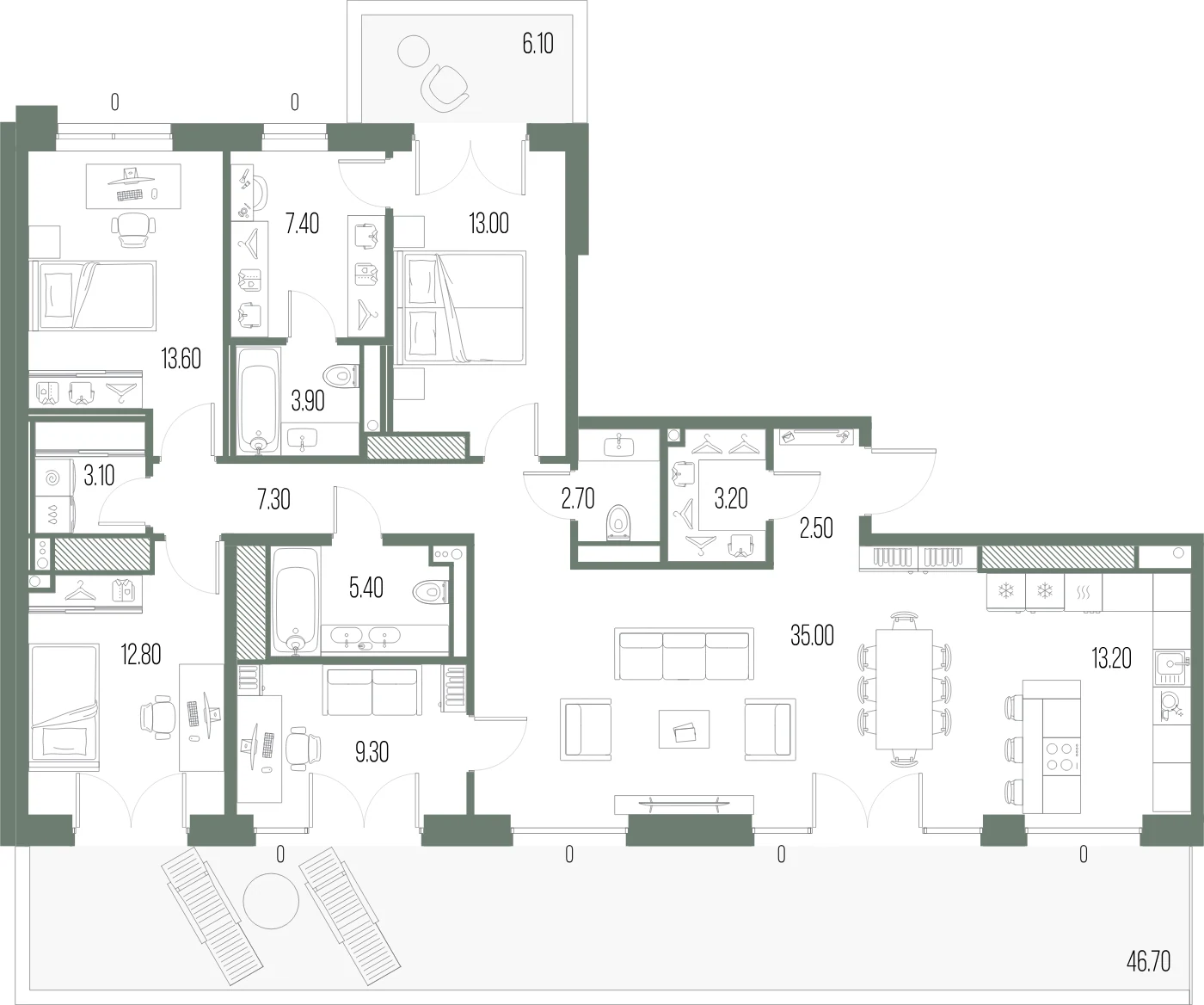 Планировка 3-комнатная 132,4 м² в ЖК «ЛЕГЕНДА на Охте» — «ЛЕГЕНДА на Охте»