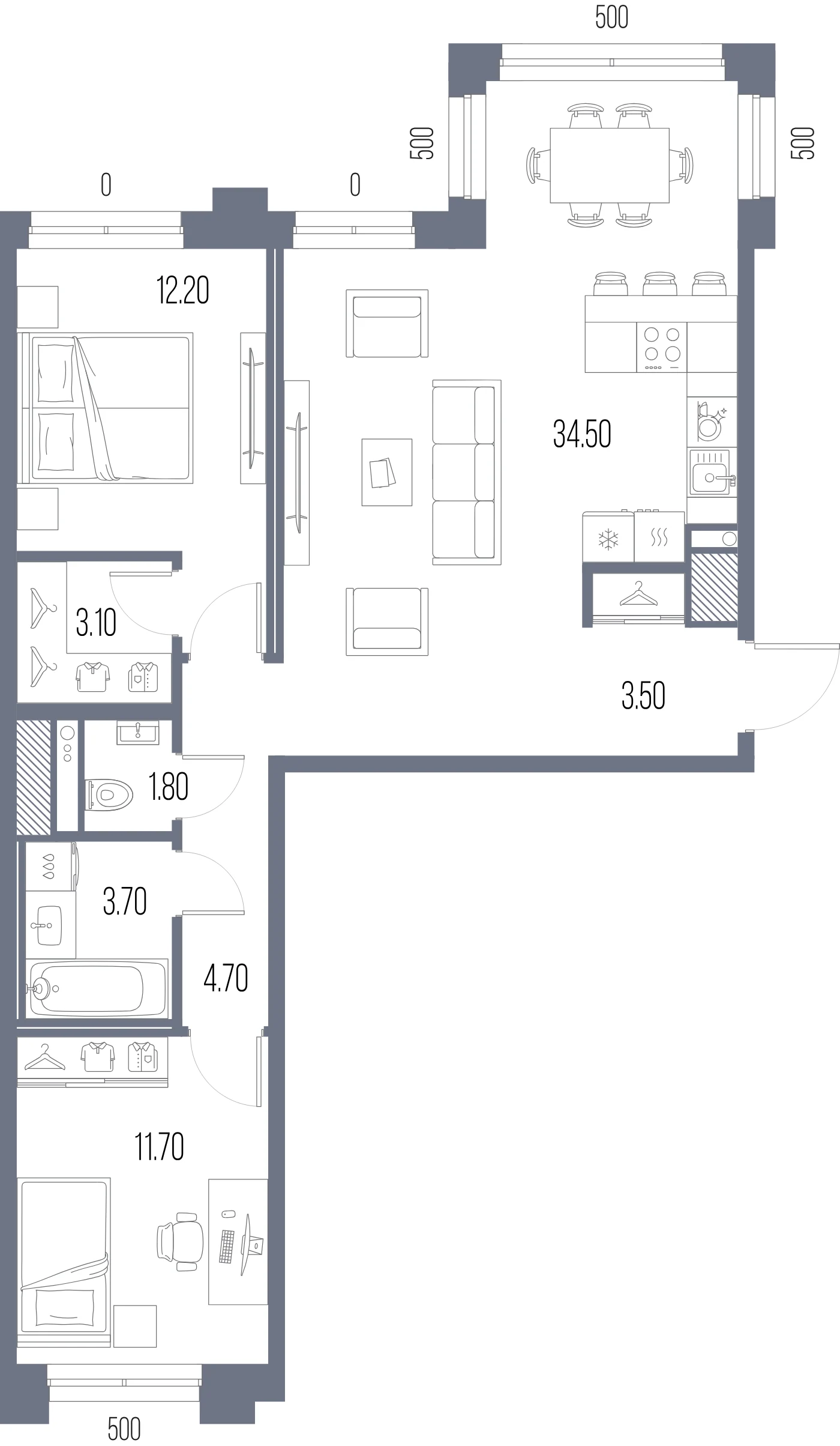 Планировка 2-комнатная 75,2 м² в ЖК «ЛЕГЕНДА на Охте» — «ЛЕГЕНДА на Охте»