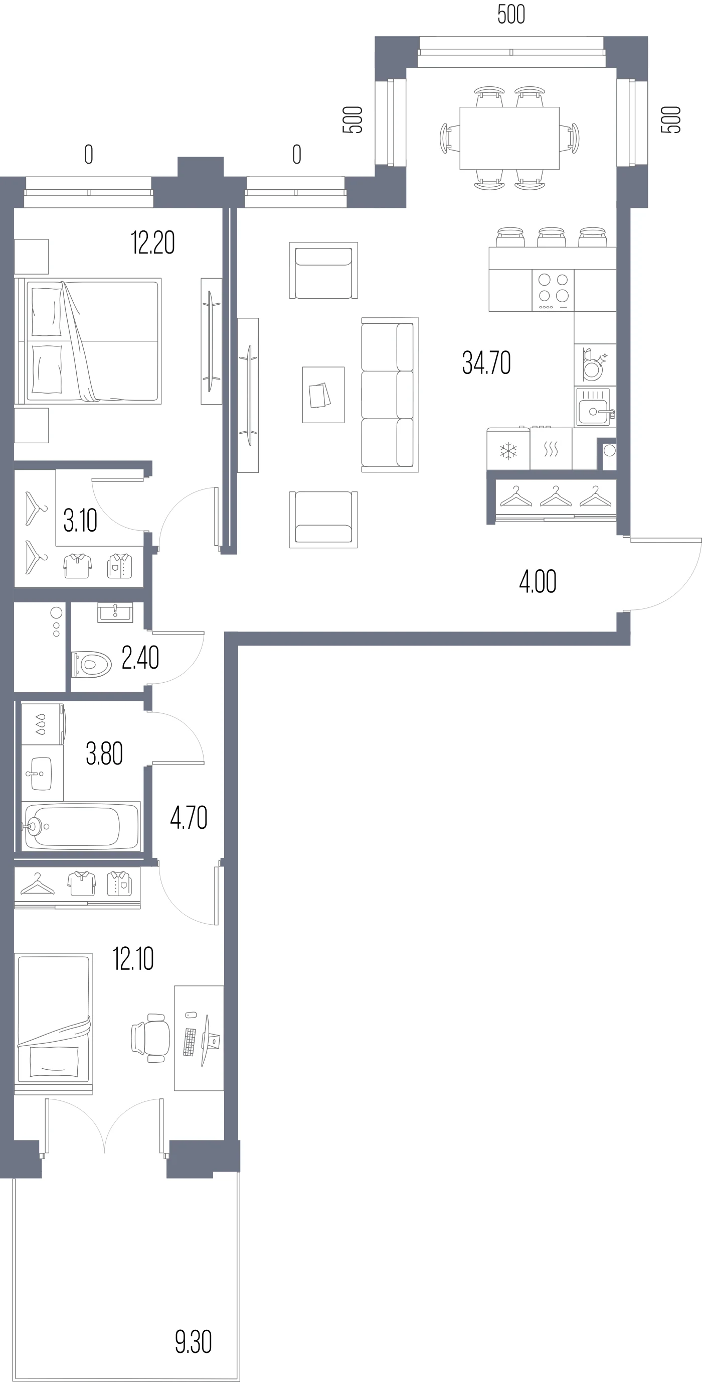 Планировка 2-комнатная 77 м² в ЖК «ЛЕГЕНДА на Охте» — «ЛЕГЕНДА на Охте»
