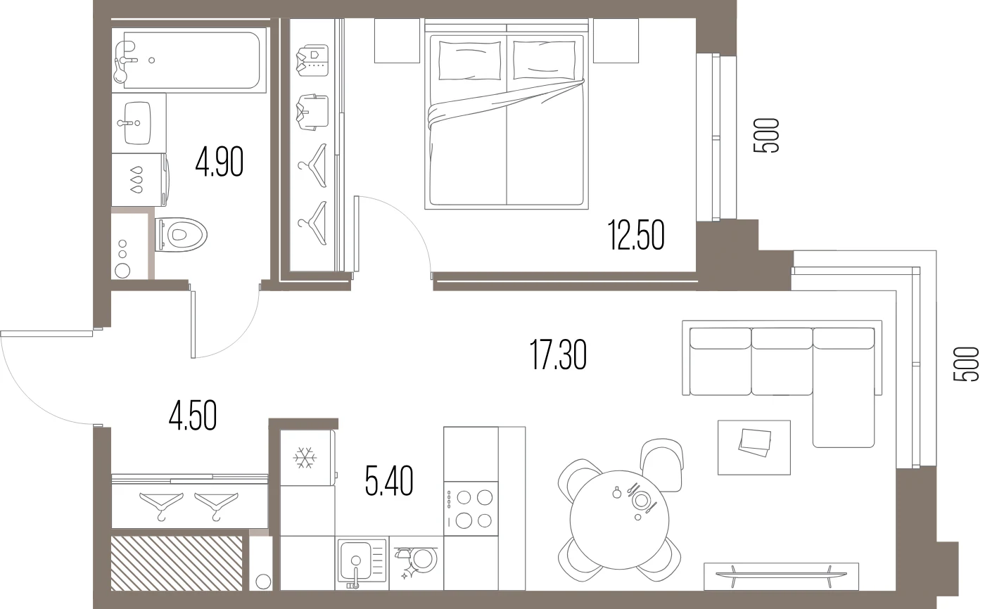 Планировка 1-комнатная 44,6 м² в ЖК «ЛЕГЕНДА на Охте» — «ЛЕГЕНДА на Охте»