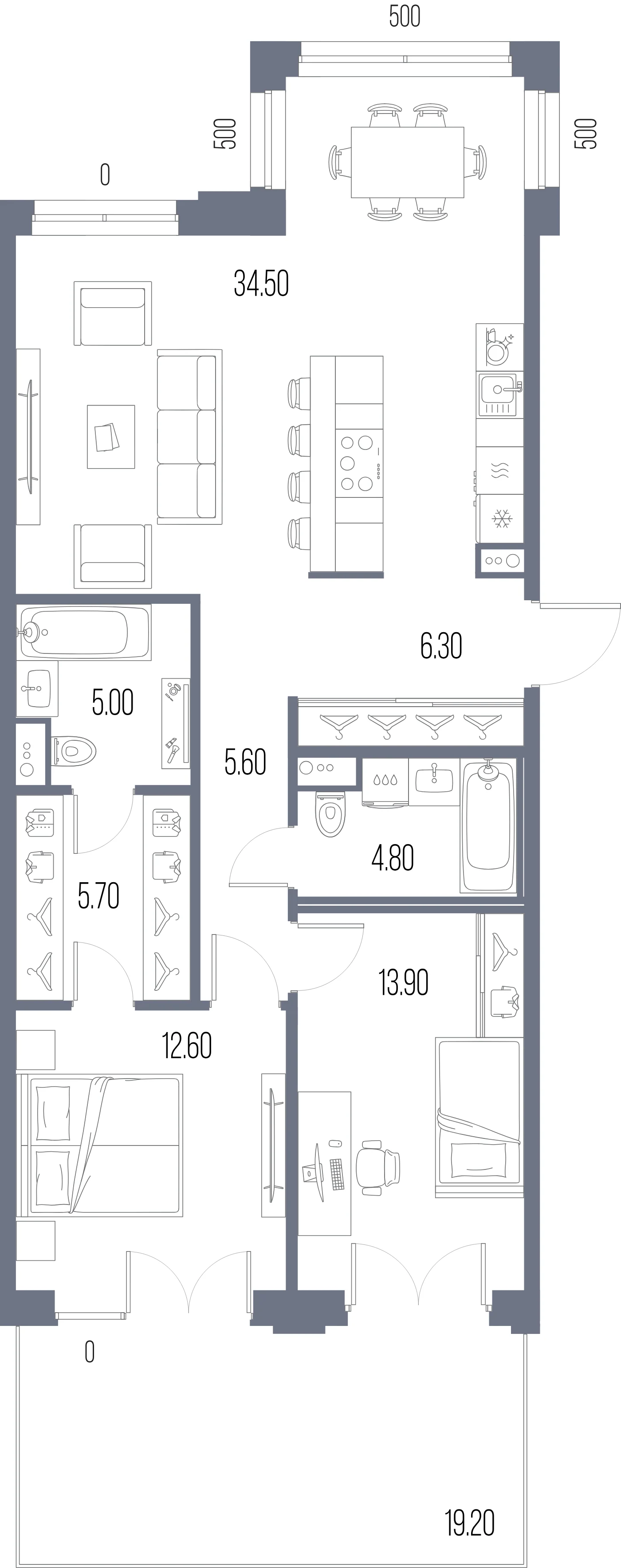 Планировка 2-комнатная 88,4 м² в ЖК «ЛЕГЕНДА на Охте» — «ЛЕГЕНДА на Охте»