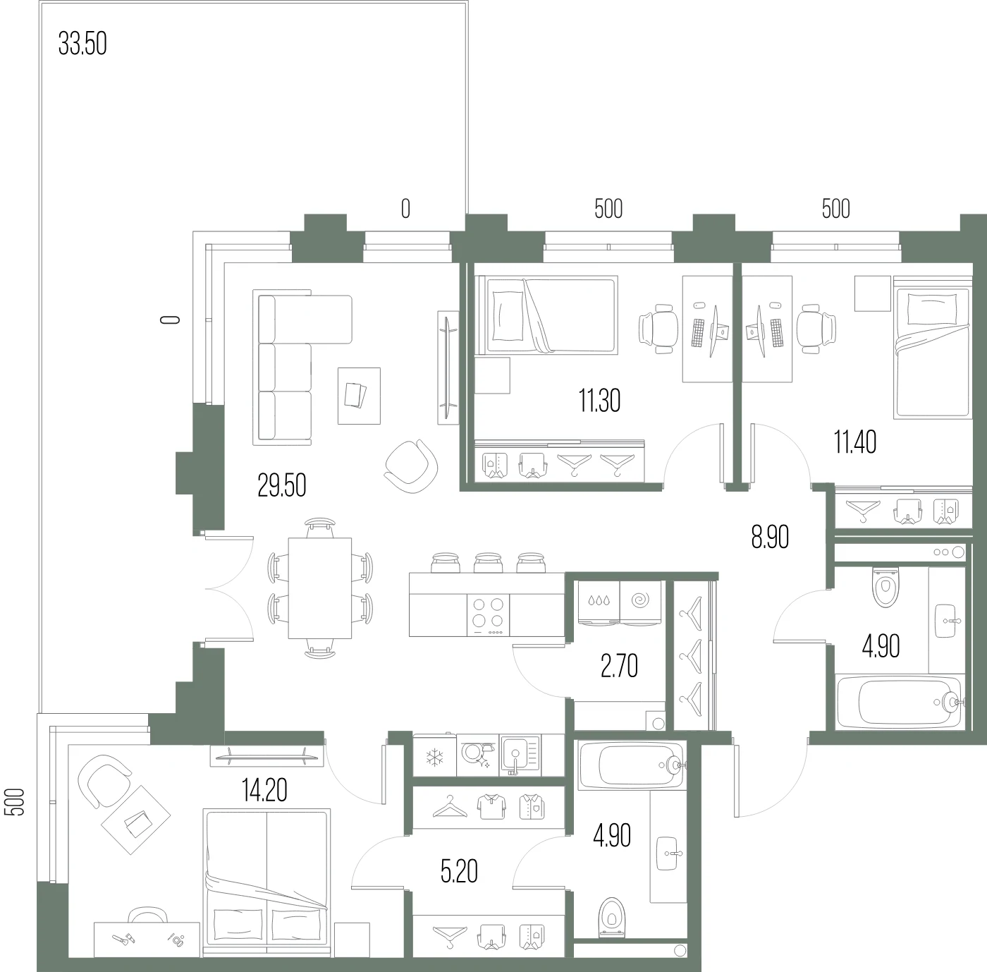 Планировка 3-комнатная 93,1 м² в ЖК «ЛЕГЕНДА на Охте» — «ЛЕГЕНДА на Охте»