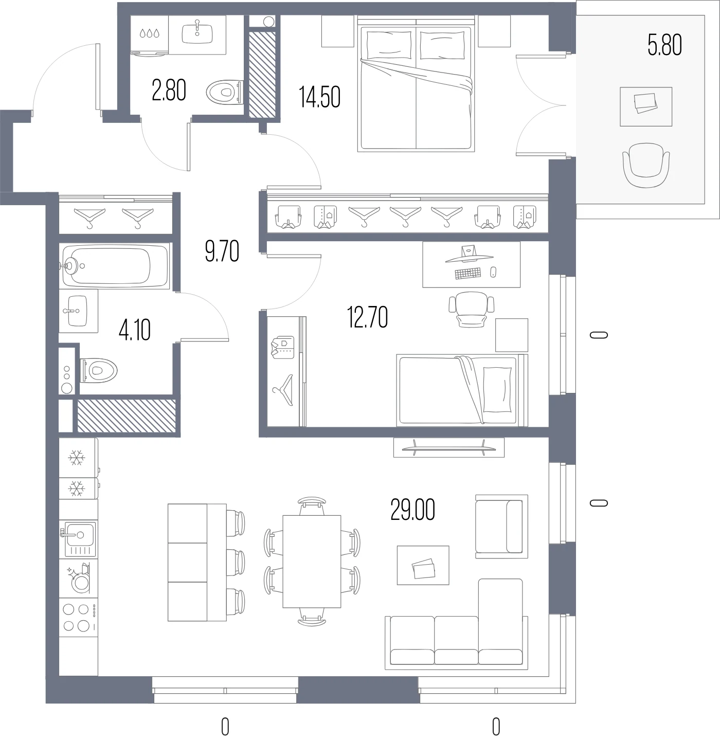 Планировка 2-комнатная 72,8 м² в ЖК «ЛЕГЕНДА на Охте» — «ЛЕГЕНДА на Охте»