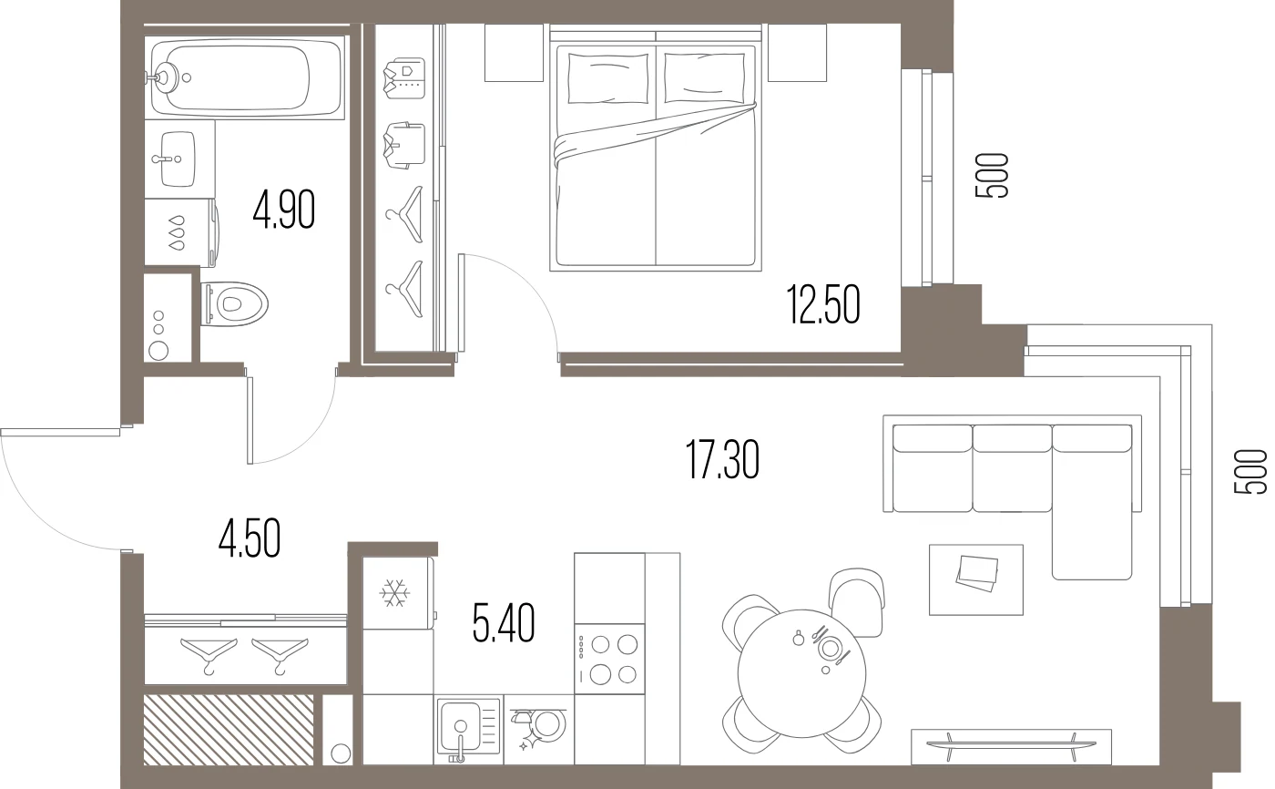 Планировка 1-комнатная 44,6 м² в ЖК «ЛЕГЕНДА на Охте» — «ЛЕГЕНДА на Охте»