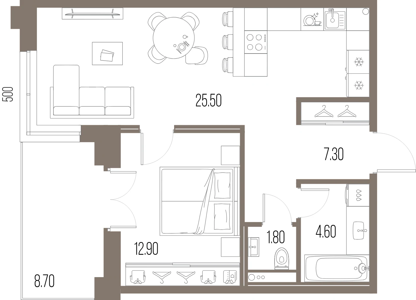 Планировка 1-комнатная 52,1 м² в ЖК «ЛЕГЕНДА на Охте» — «ЛЕГЕНДА на Охте»